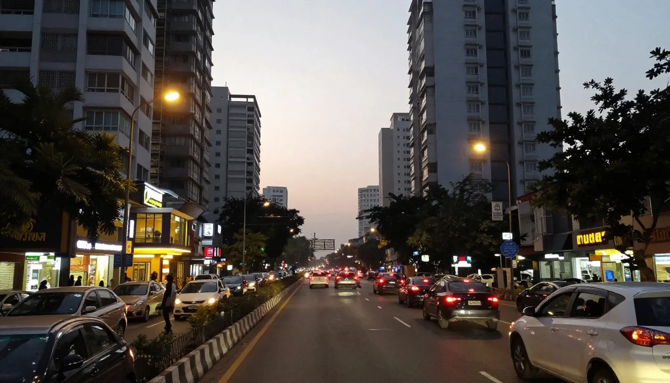 Bengaluru commuter artery and modern residential high-rises at evening twilight