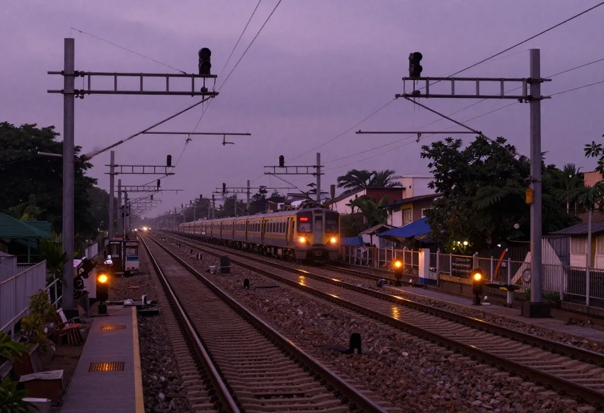 Suburban railway transit infrastructure and signal gantries at dusk in Mumbai
