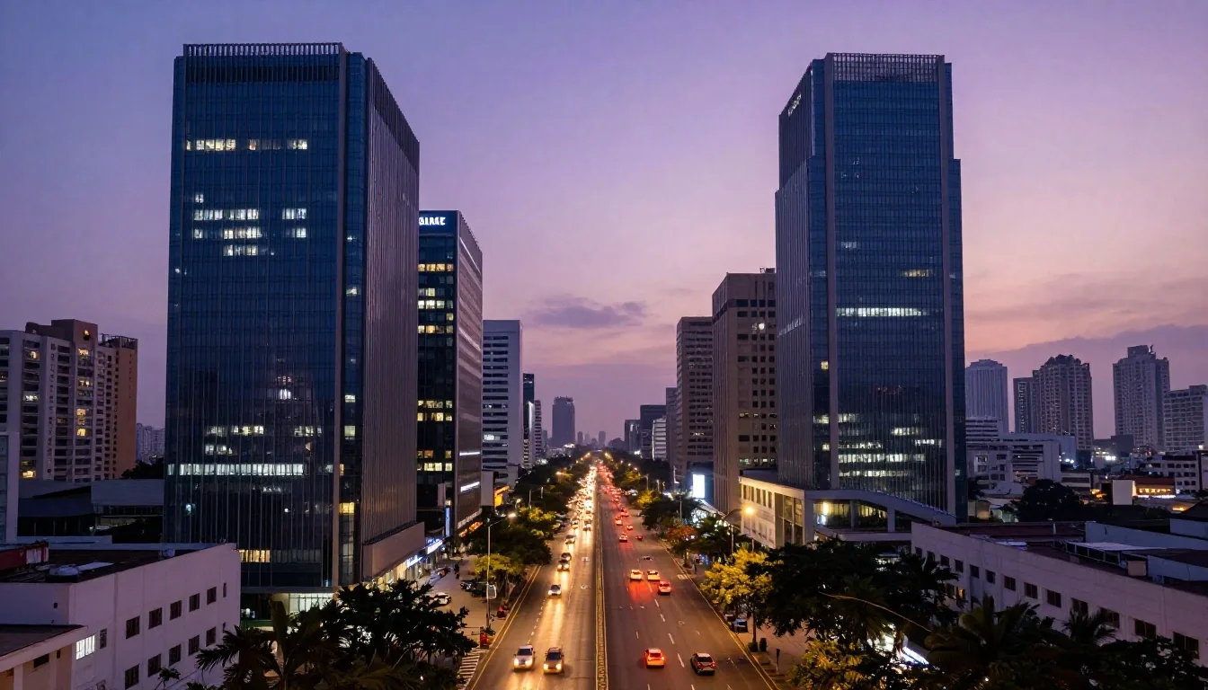 Bandra Kurla Complex commercial corridor illuminated during evening commuter transit