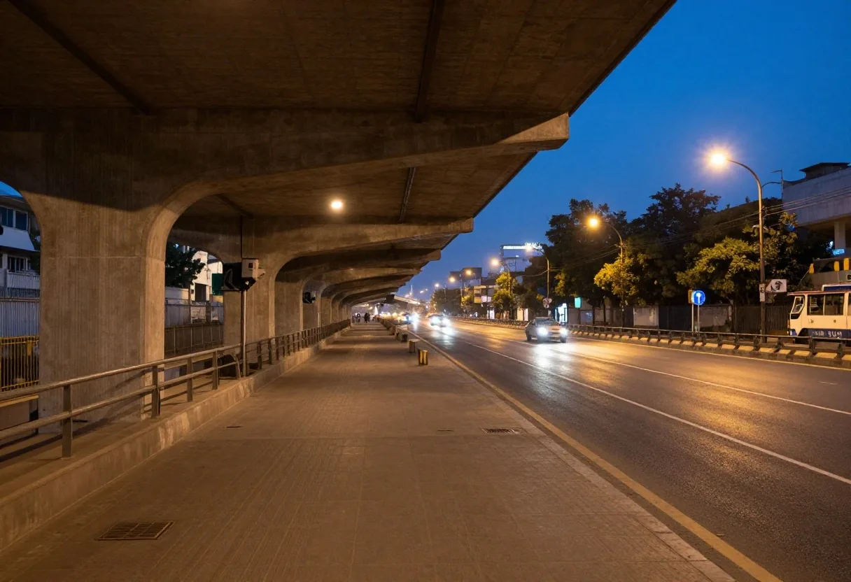 Electrified commuter rail network at dusk in an Indian metropolitan transit corridor