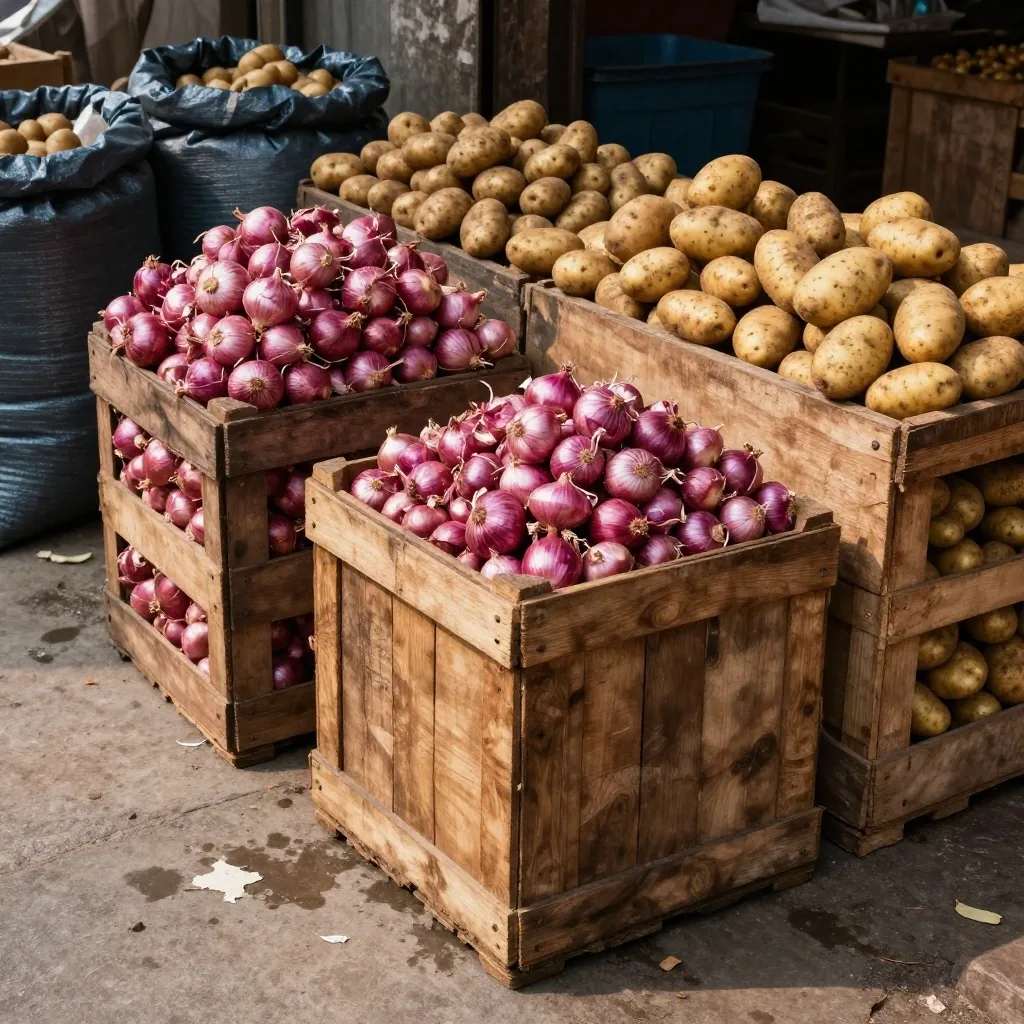 Physical municipal market floor showing essential agricultural commodities awaiting distribution