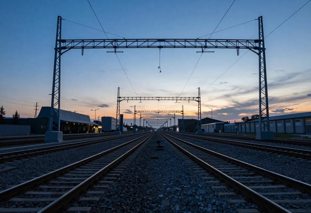 Metropolitan railway infrastructure and electrified track corridors at twilight