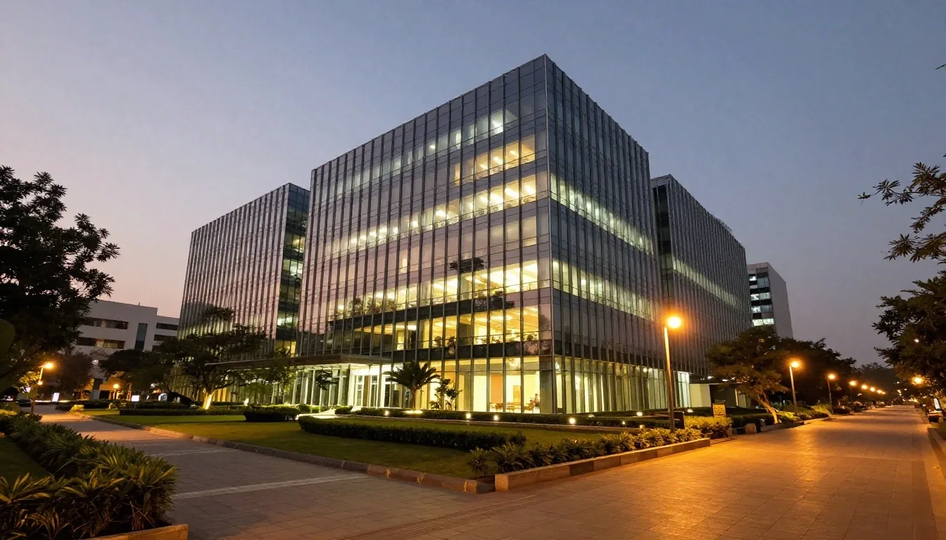 Urban technology corridor and corporate office parks at dusk