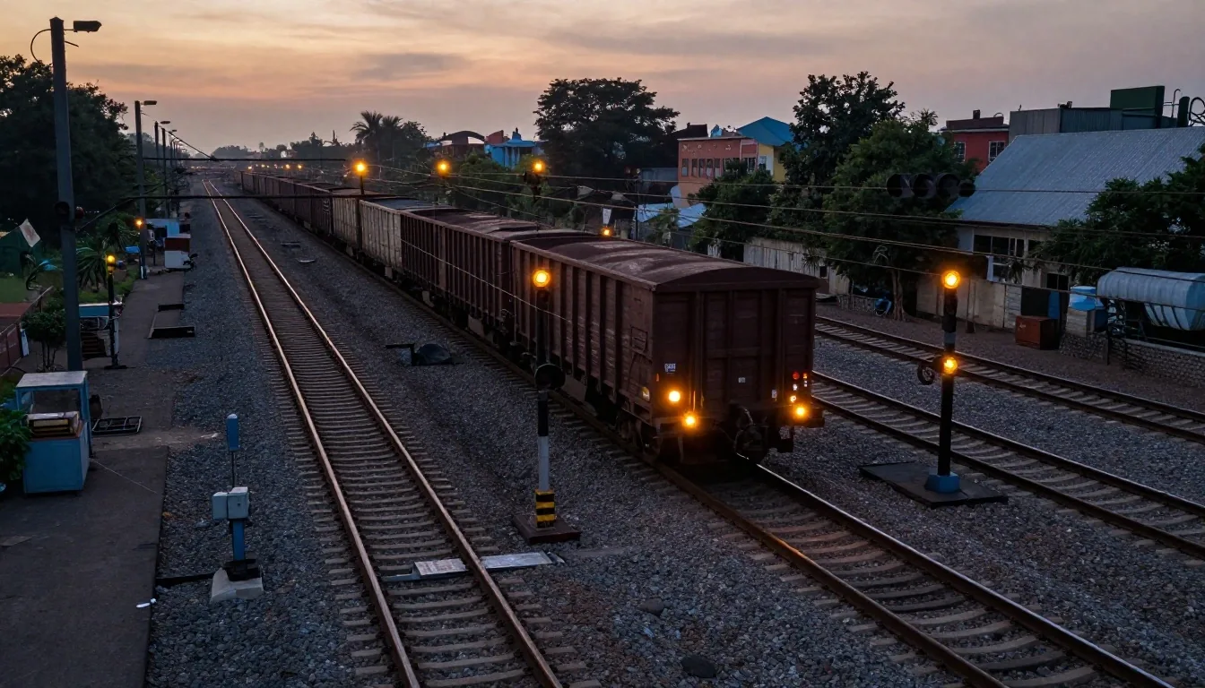 Industrial freight rail gantry and clearance signals at twilight
