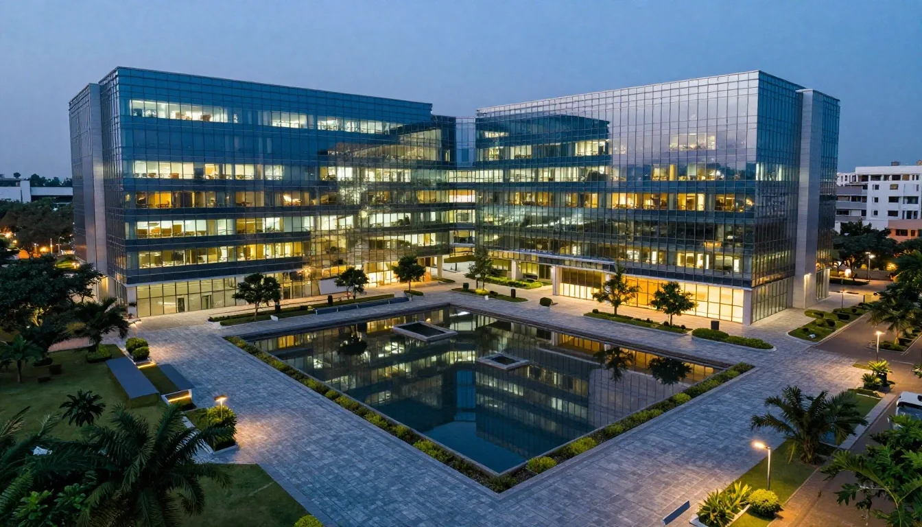 Corporate business district in Bengaluru during evening twilight