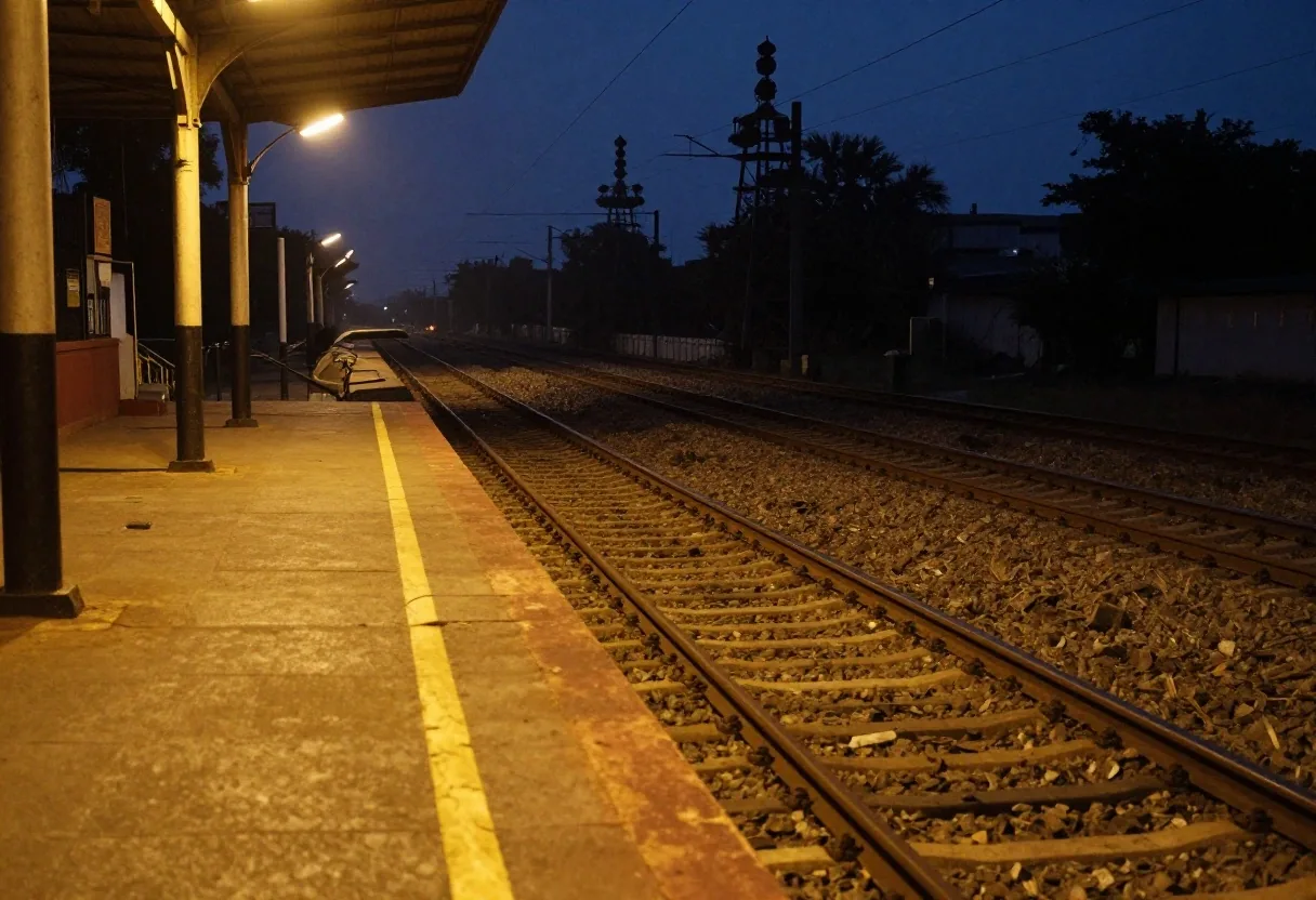 Electrified railway corridor in metropolitan Mumbai at dusk