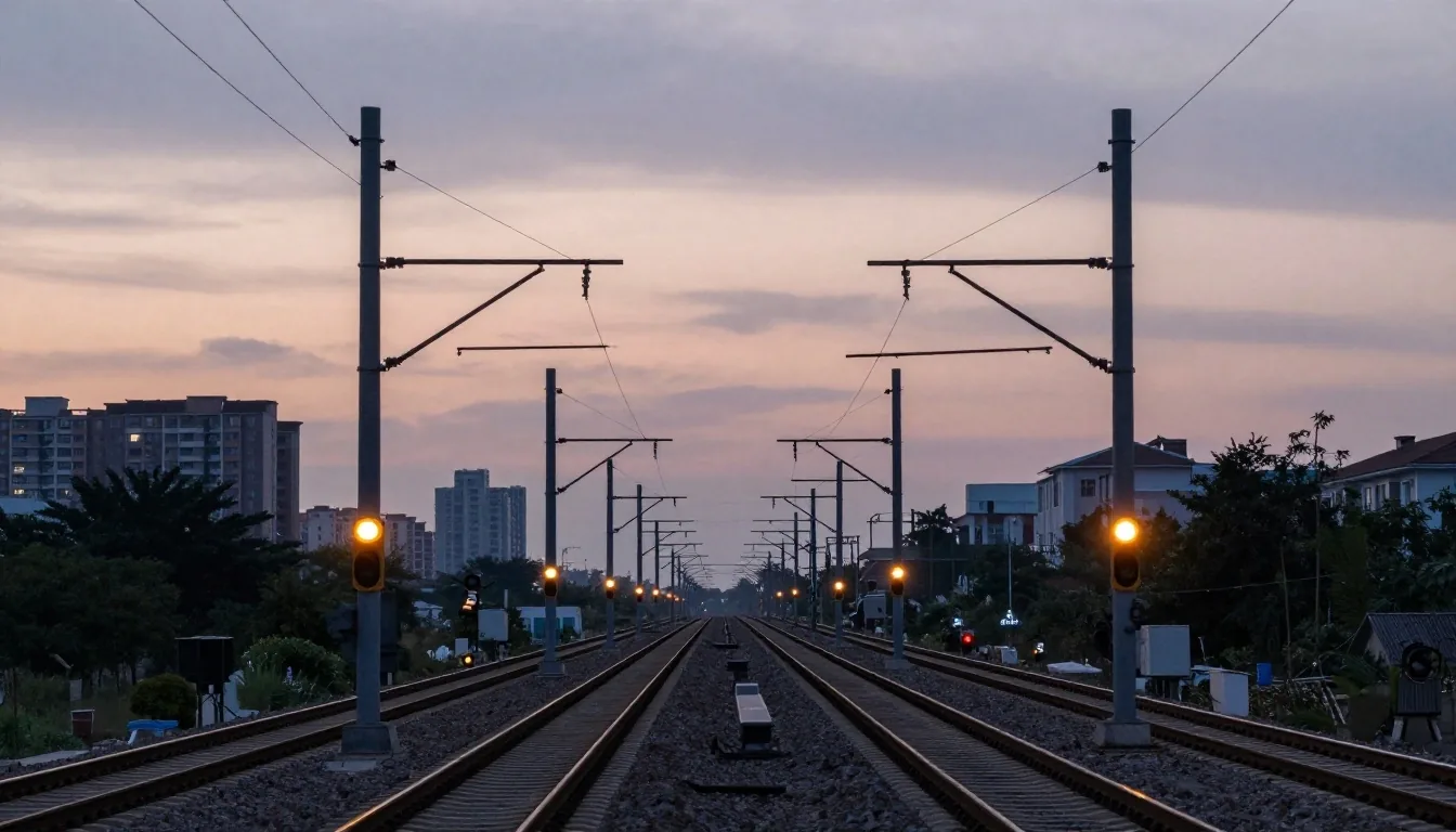 Metropolitan railway transit corridors and overhead electrical infrastructure at dusk