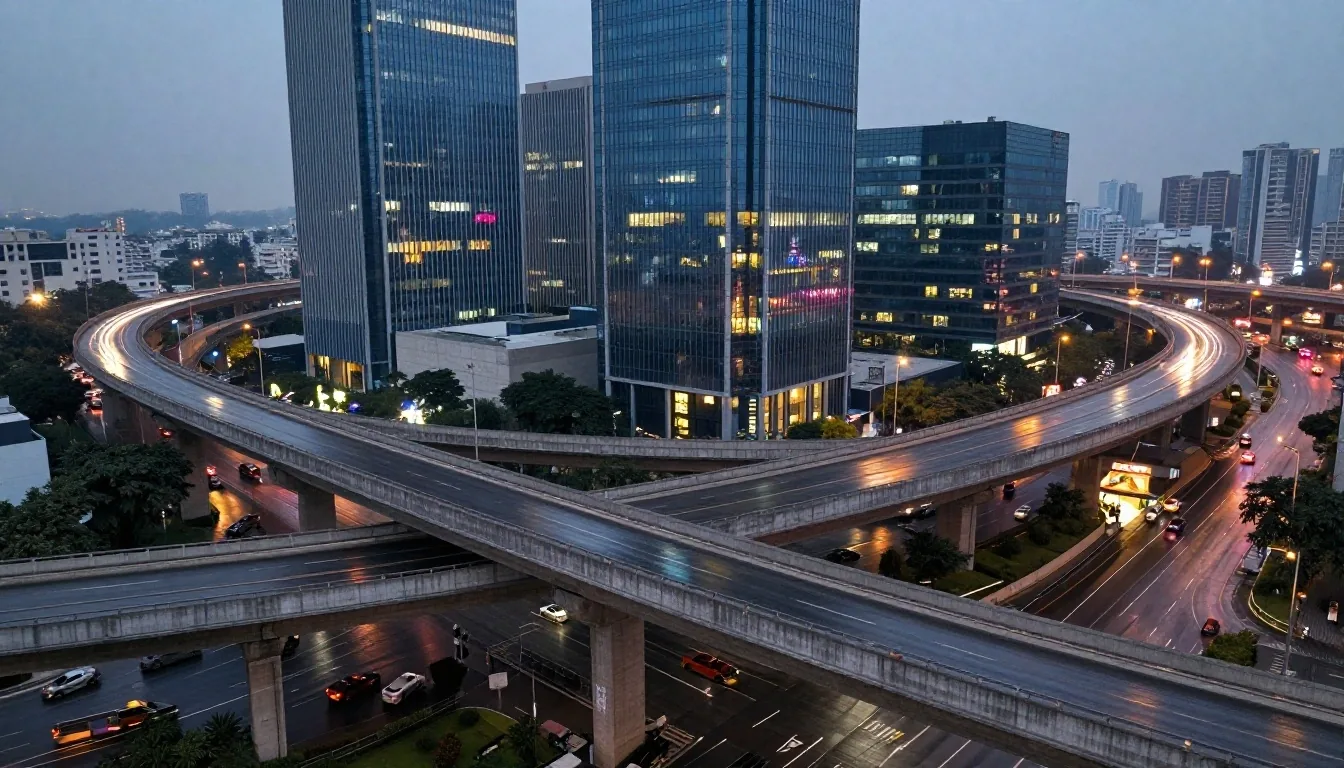 Metropolitan arterial transit corridor at dusk